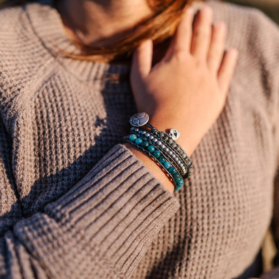 Genuine Blue Apatite, Larvikite Labradorite, and Matte Silver Hematite Wrap Bracelet