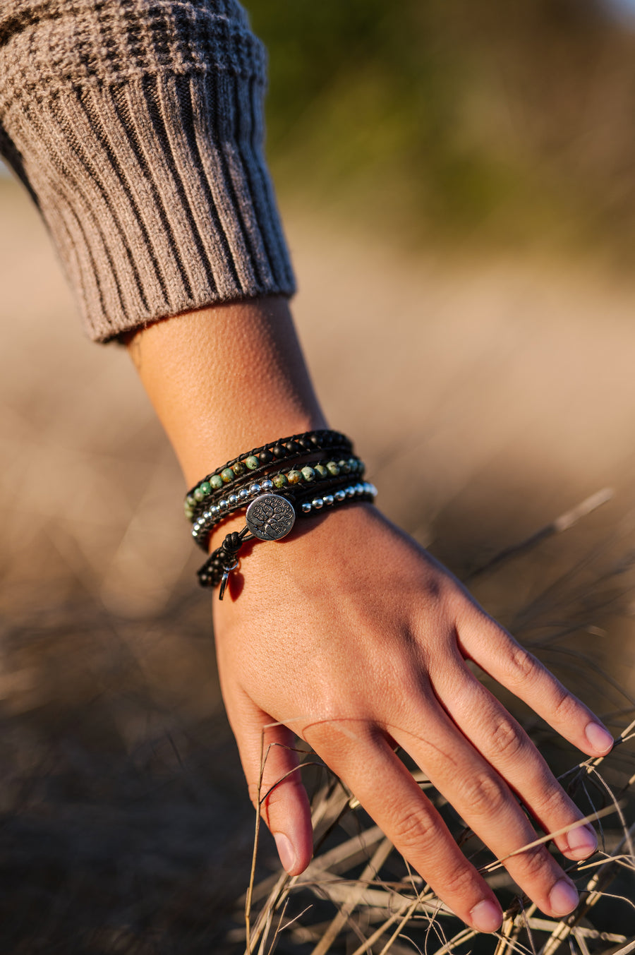 Black Onyx, African Turquoise, & Silver Hematite Wrap Bracelet