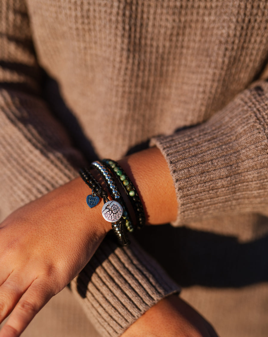 Black Onyx, African Turquoise, & Silver Hematite Wrap Bracelet