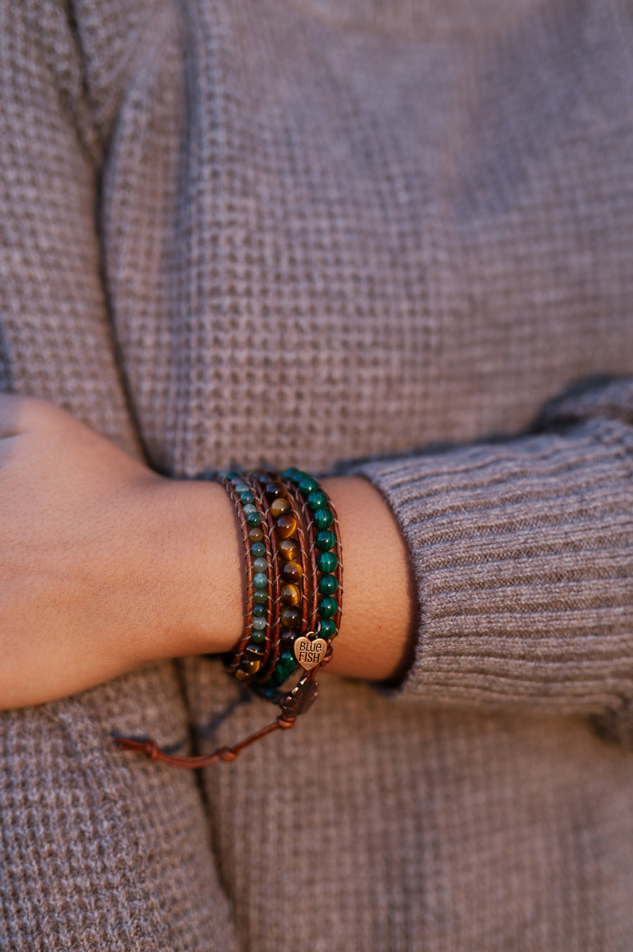 Genuine Malachite, Fancy Jasper, & Tiger Eye Wrap Bracelet