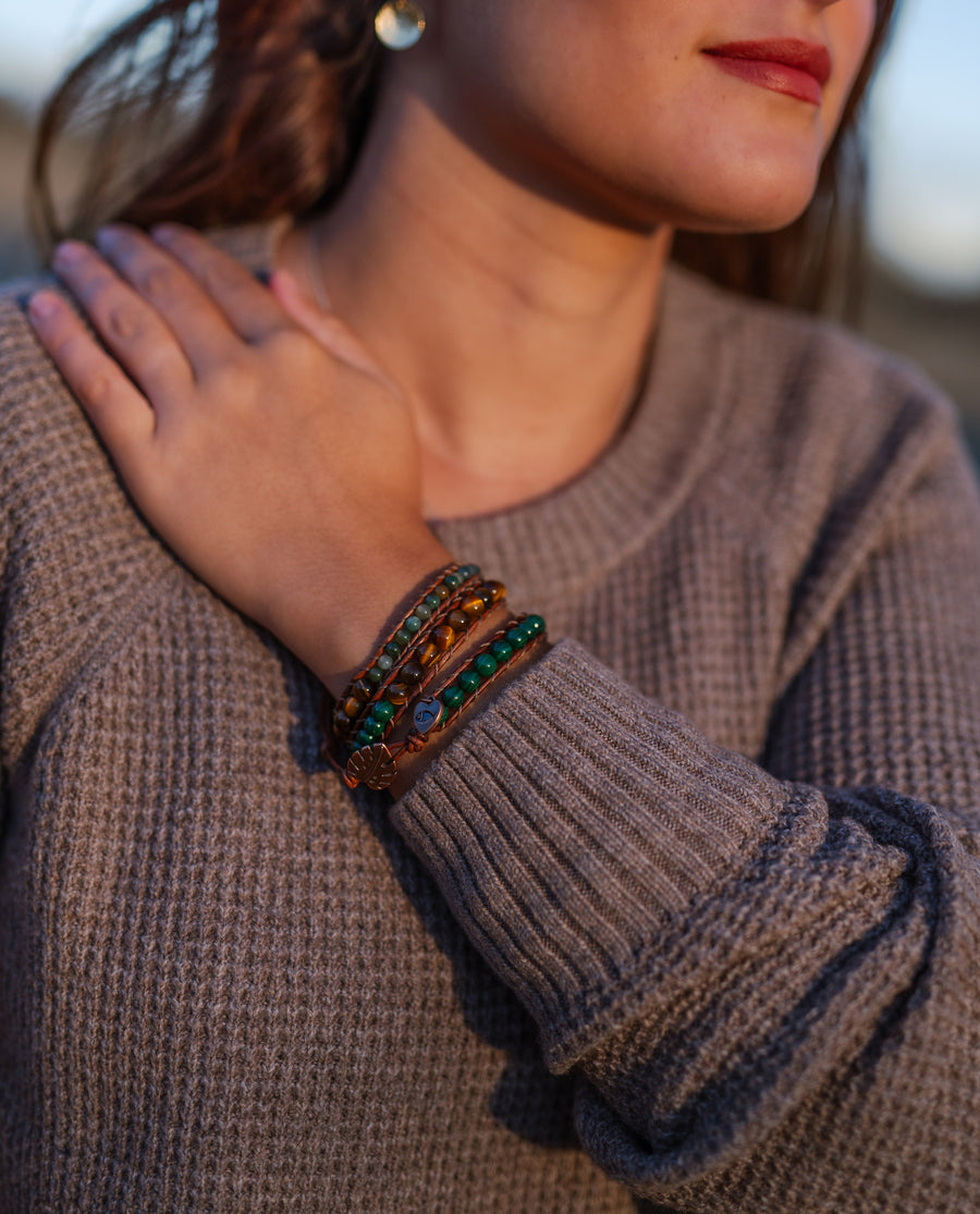 Genuine Malachite, Fancy Jasper, & Tiger Eye Wrap Bracelet