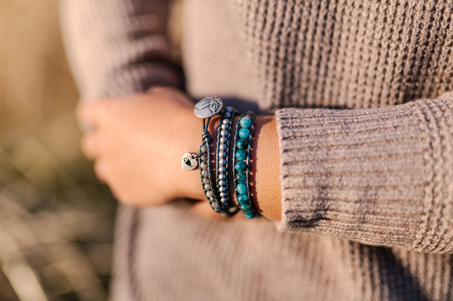 Genuine Blue Apatite, Larvikite Labradorite, and Matte Silver Hematite Wrap Bracelet