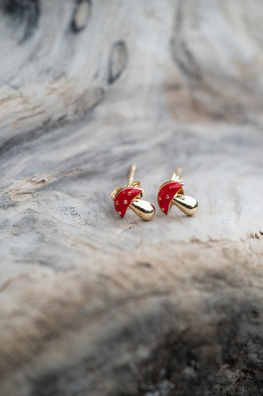 Dainty Gold & Red Mushroom Stud Earrings