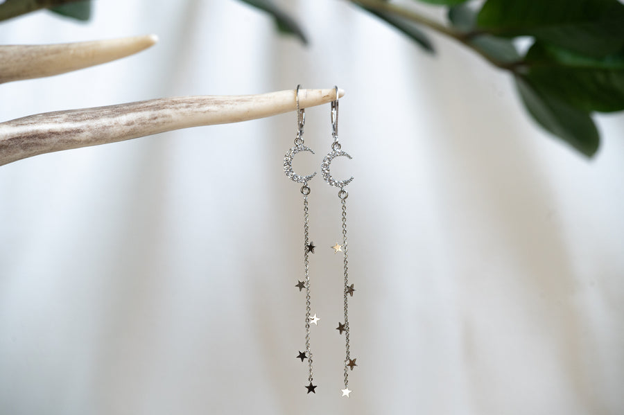 Sparkly Silver Moon & Falling Stars Earrings