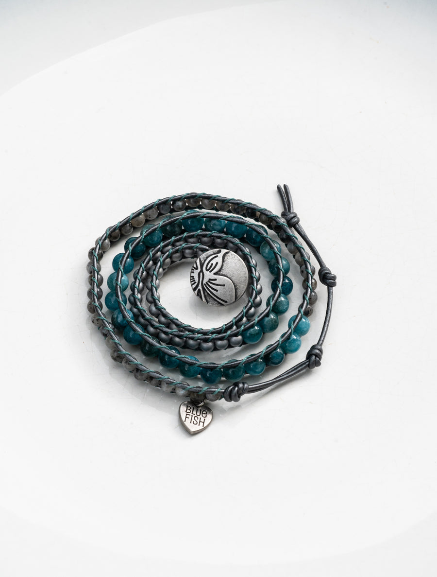 Genuine Blue Apatite, Larvikite Labradorite, and Matte Silver Hematite Wrap Bracelet