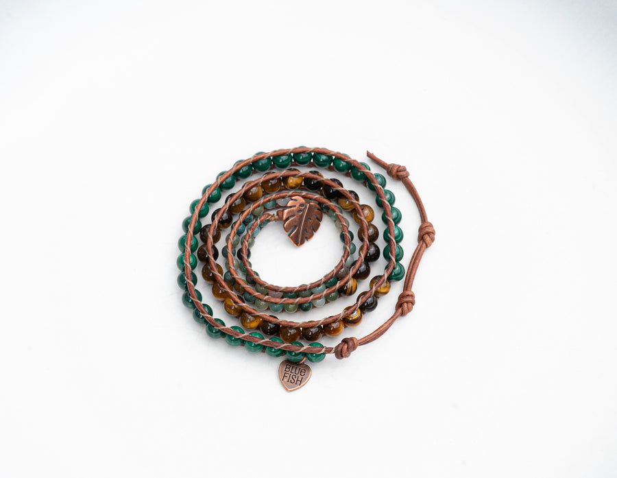 Genuine Malachite, Fancy Jasper, & Tiger Eye Wrap Bracelet