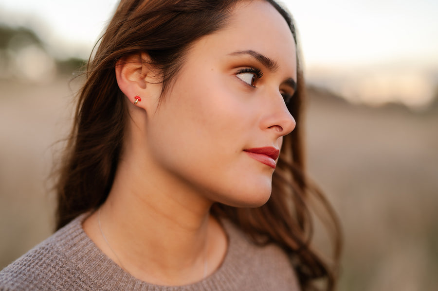 Dainty Gold & Red Mushroom Stud Earrings