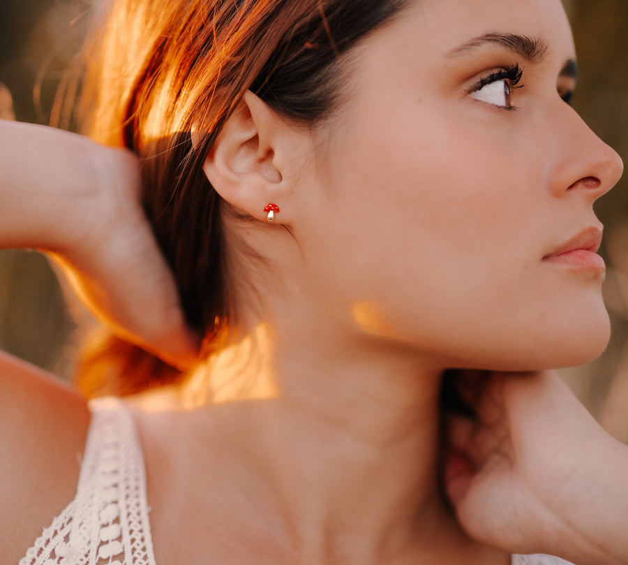 Dainty Gold & Red Mushroom Stud Earrings