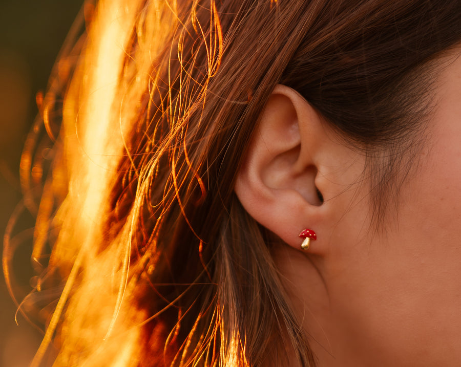 Dainty Gold & Red Mushroom Stud Earrings