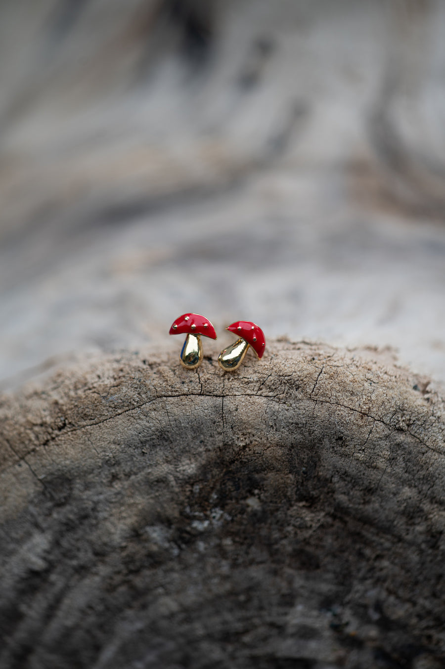 Dainty Gold & Red Mushroom Stud Earrings