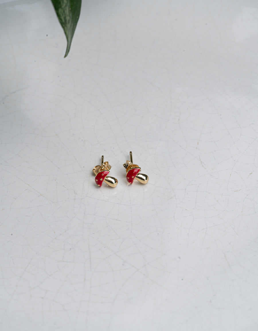 Dainty Gold & Red Mushroom Stud Earrings