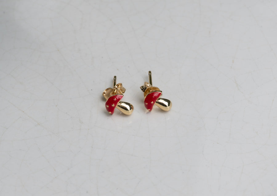 Dainty Gold & Red Mushroom Stud Earrings