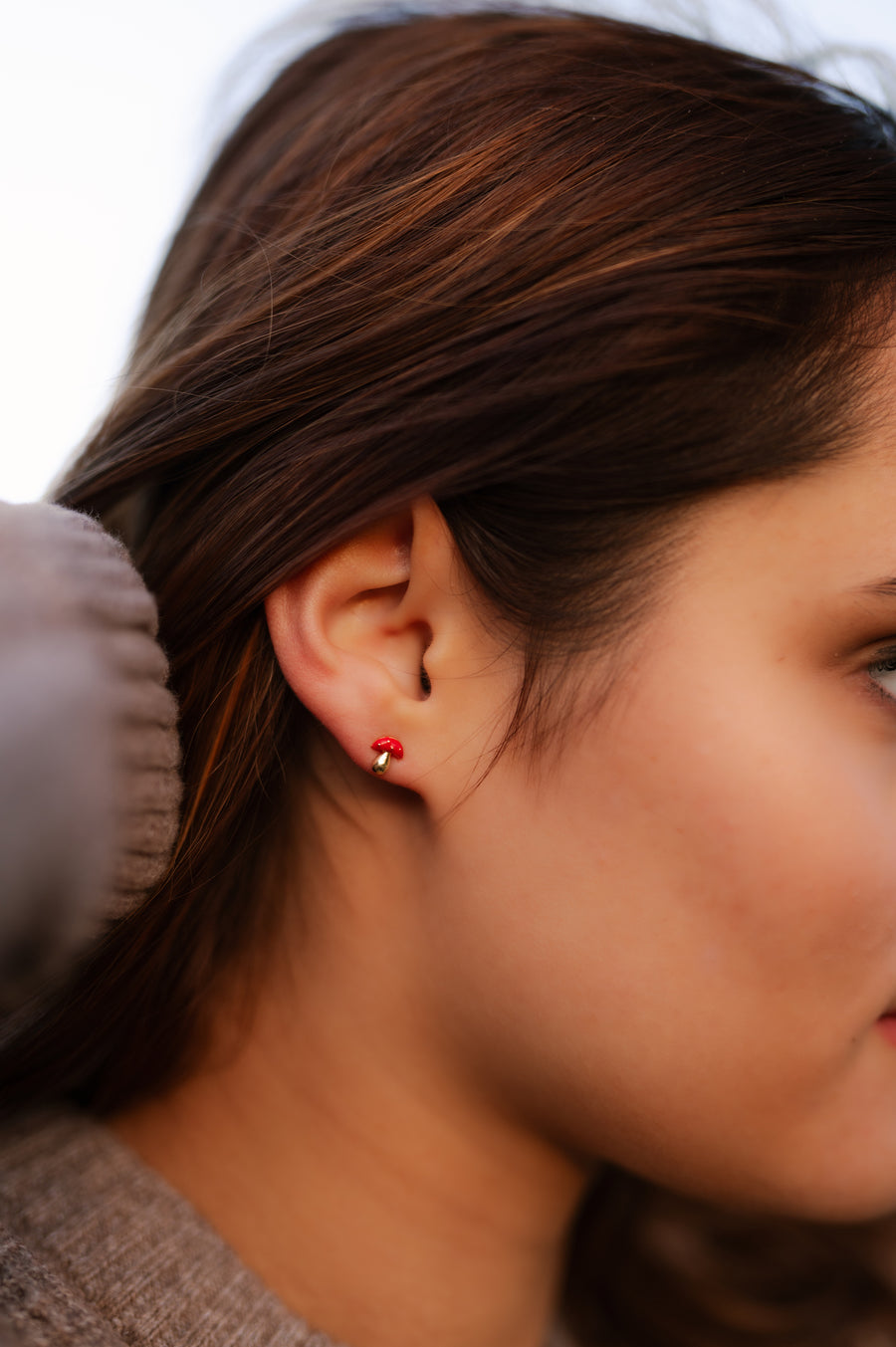 Dainty Gold & Red Mushroom Stud Earrings