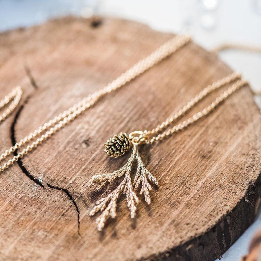 Gold Cedar Necklace & Sweet Gold Pinecone ~ Woodland Jewelry