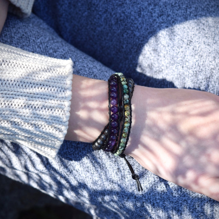 Amethyst, African Turquoise, & Hematite Wrap Bracelet
