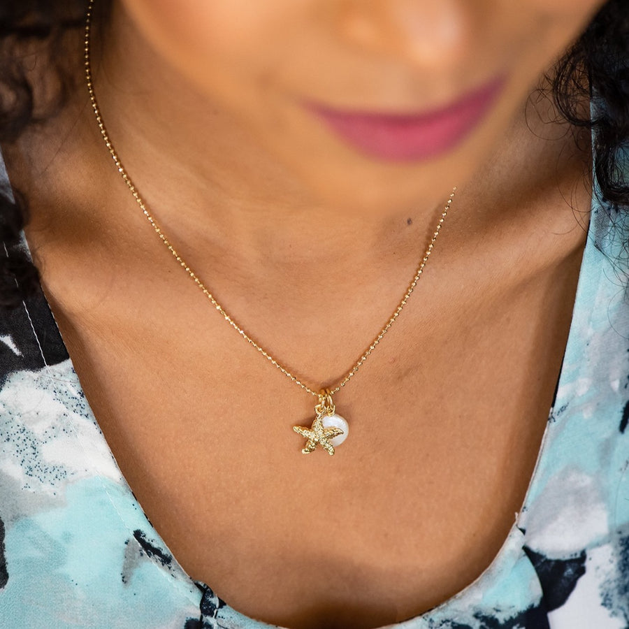 Gold Starfish & Pearl Necklace ~ Gold Filled & Genuine Coin Pearl