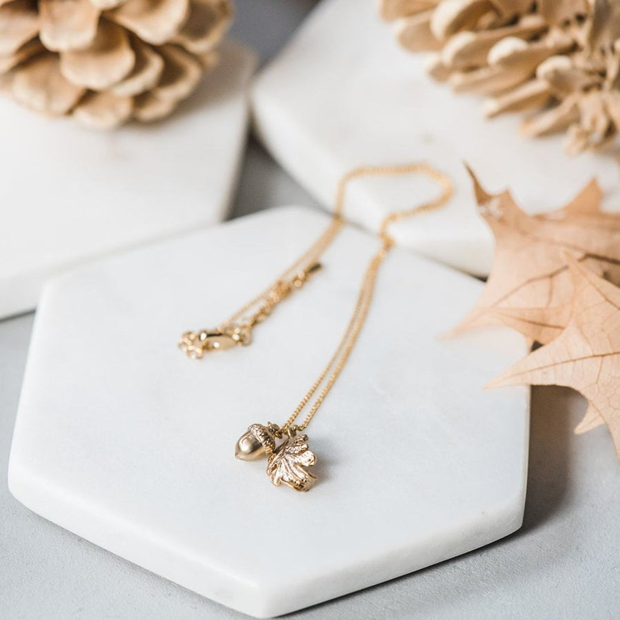 Golden Acorn & Oak Leaf Charm Necklace ~ Dainty & Minimalist Woodland Theme