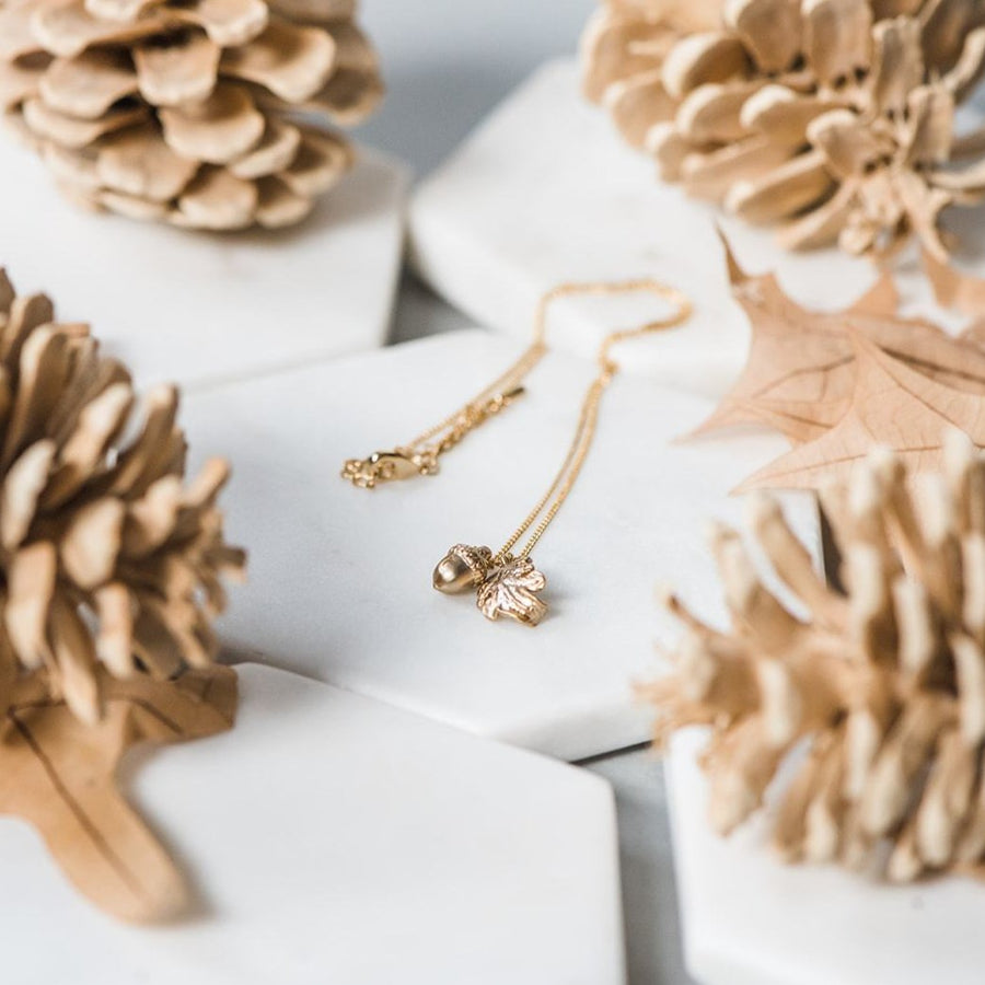 Golden Acorn & Oak Leaf Charm Necklace ~ Dainty & Minimalist Woodland Theme