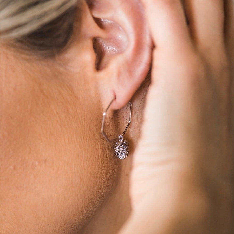 Geometric Silver Pinecone Hoop Earrings
