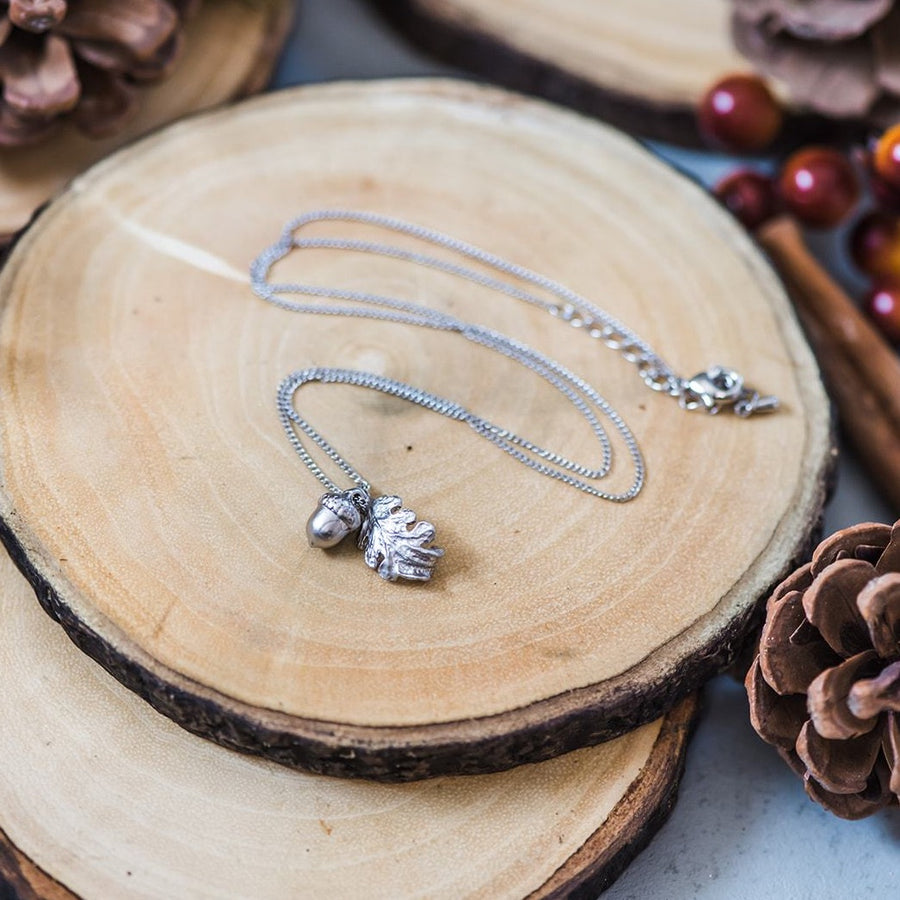 Silver Acorn & Oak Leaf Charm Necklace ~ Dainty & Minimalist Woodland Theme