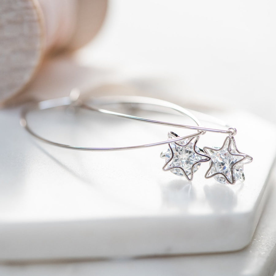 Silver Star Earrings ~ Dangle Hoop Sparkly Stars