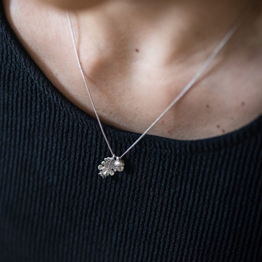 Silver Acorn & Oak Leaf Charm Necklace ~ Dainty & Minimalist Woodland Theme