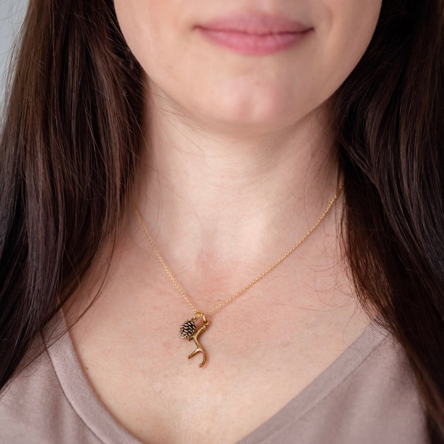 Antler Necklace ~ Gold Antler &  Pinecone Charm