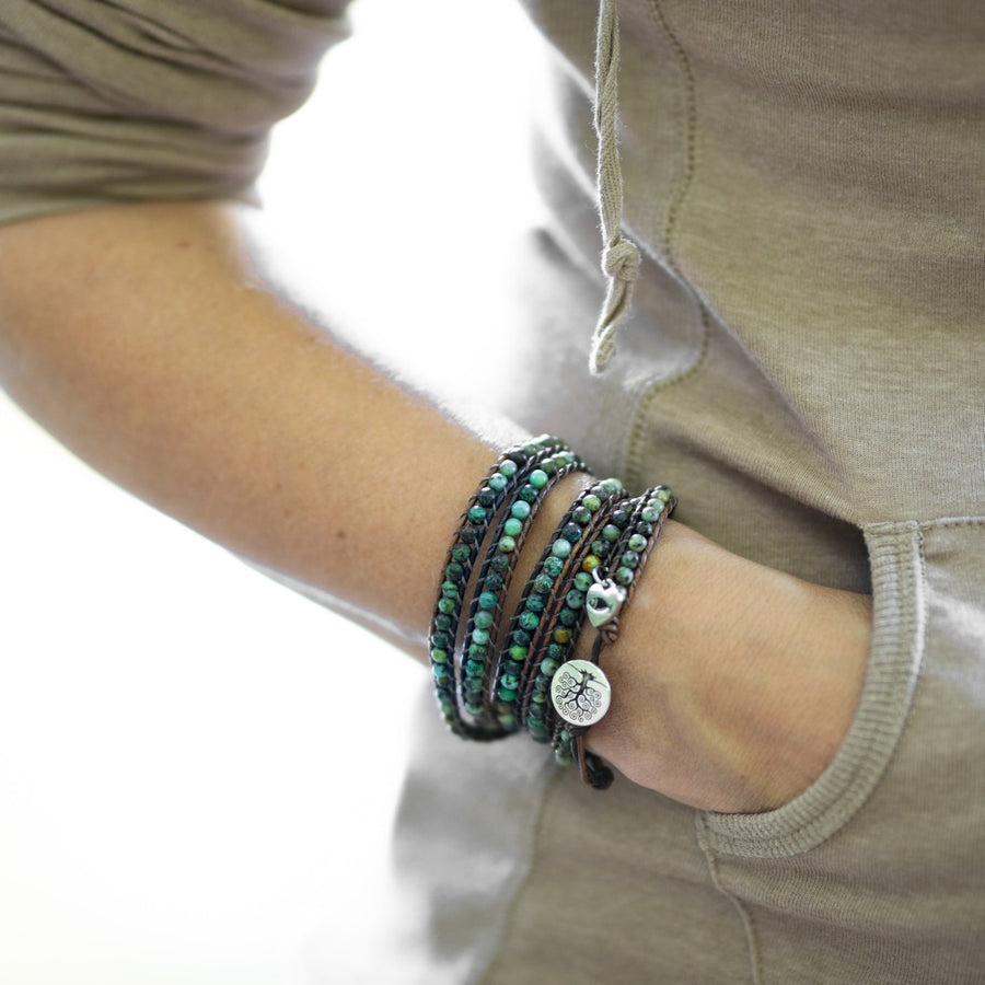 Classic African Turquoise 5-Wrap Bracelet & Tree of Life Button
