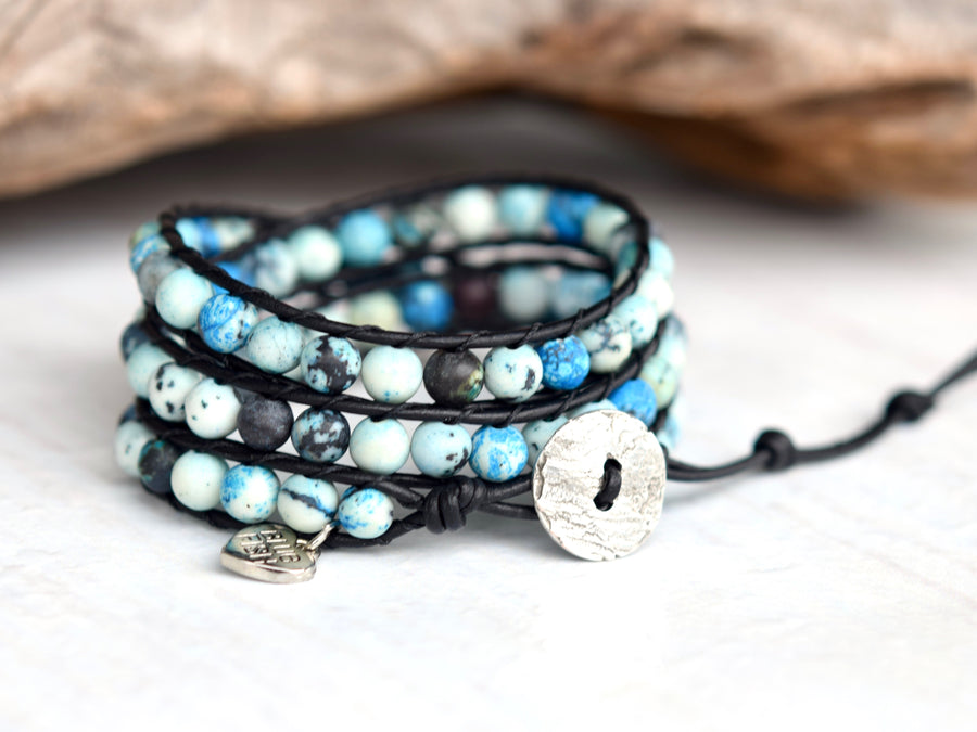 Blue & Black Jasper Beaded Wrap Bracelet ~ Choose Your Button Closure