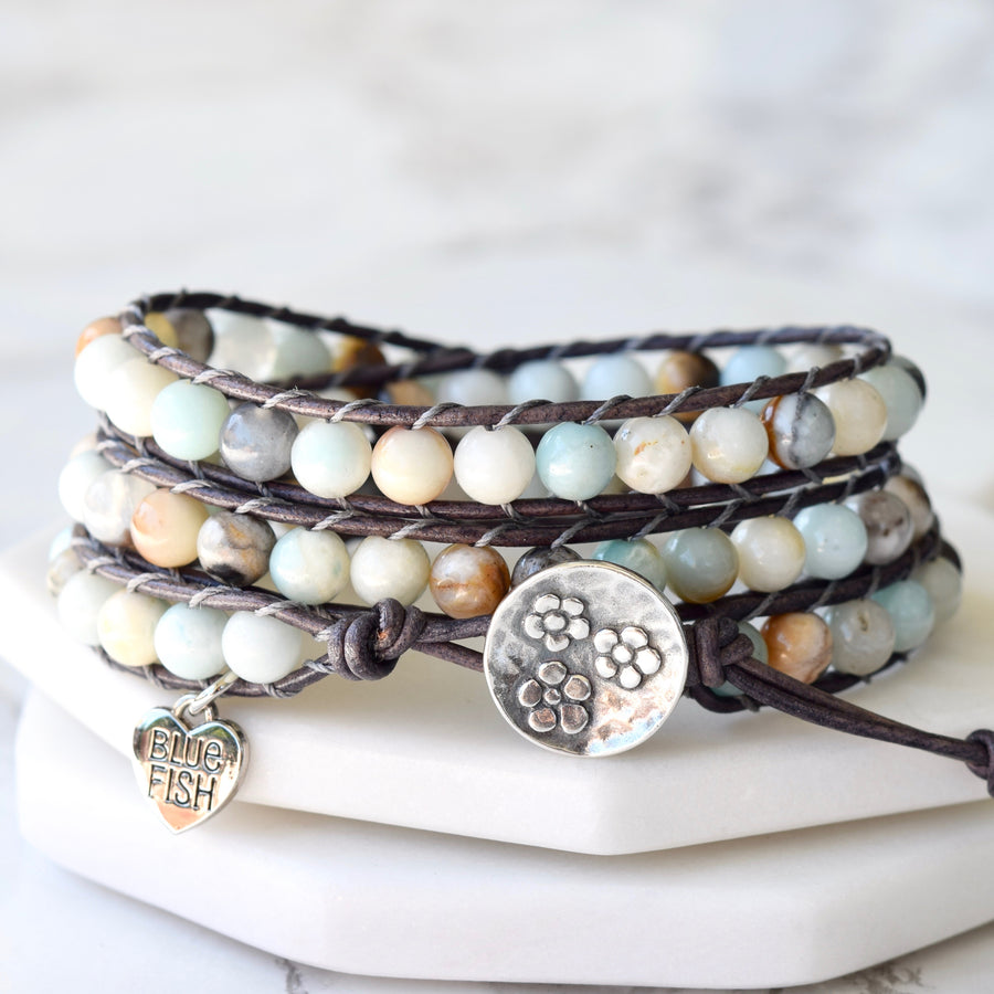 Boho Beaded 3x Wrap Bracelet ~ Gorgeous Light Amazonite Gemstones