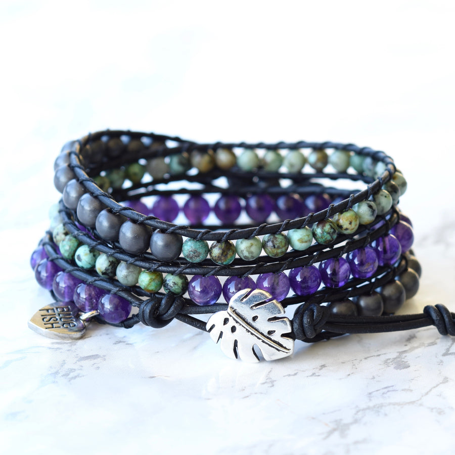Amethyst, African Turquoise, & Hematite Wrap Bracelet