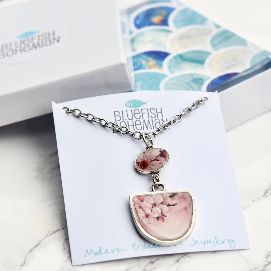 Pink Cherry Blossom Long Pendant Necklace