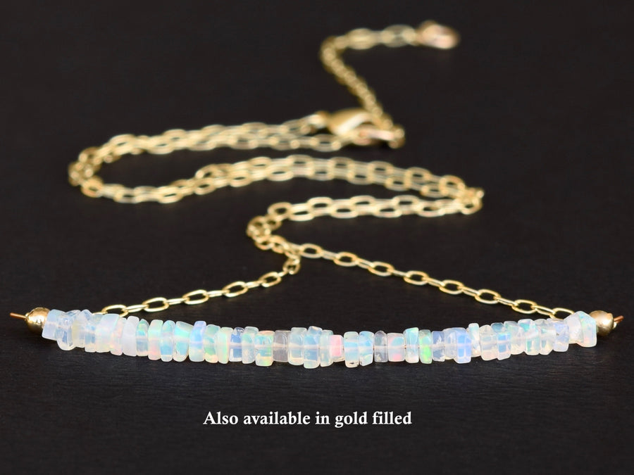 Dainty Opal & Sterling Silver Necklace ~ Opal Gemstone Bar Necklace