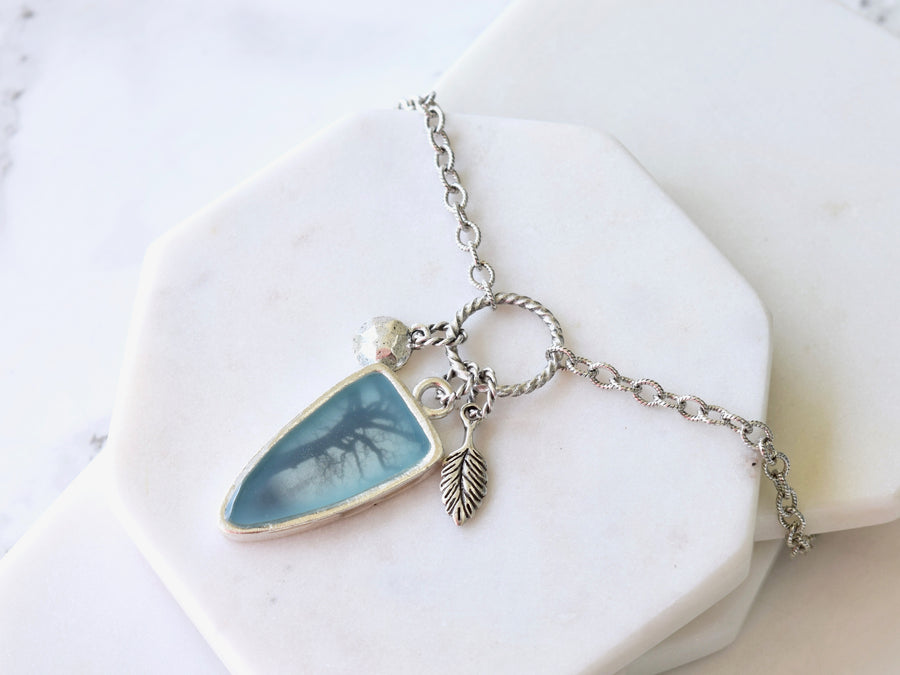 Long Boho Charm Necklace ~ Aqua Blue ~ Tree of  Life