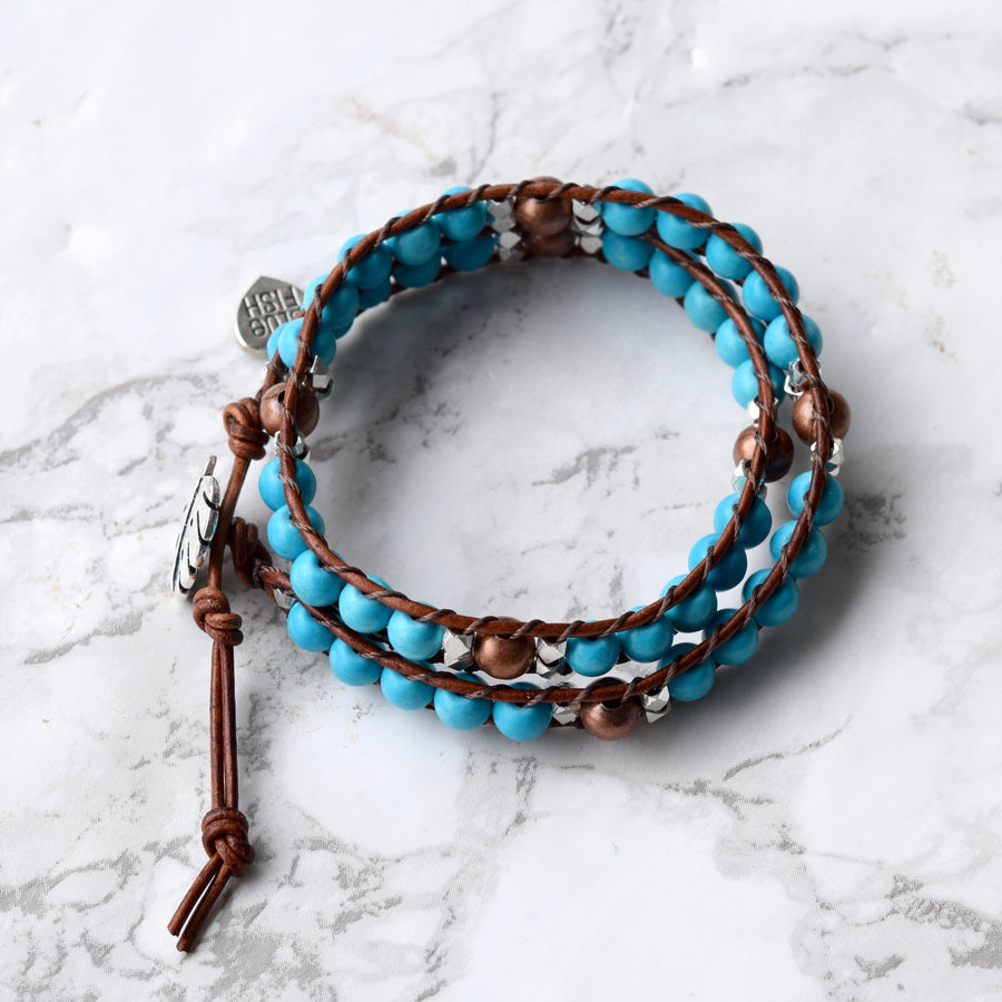 Beaded Turquoise Leather Wrap Bracelet With Monstera Button