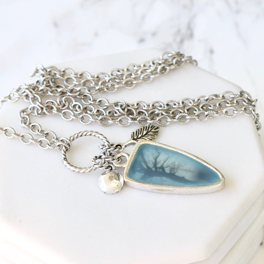Long Boho Charm Necklace ~ Aqua Blue ~ Tree of  Life