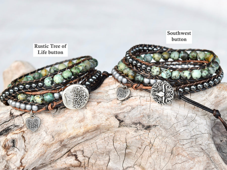 Funky African Turquoise & Hematite Wrap Bracelet