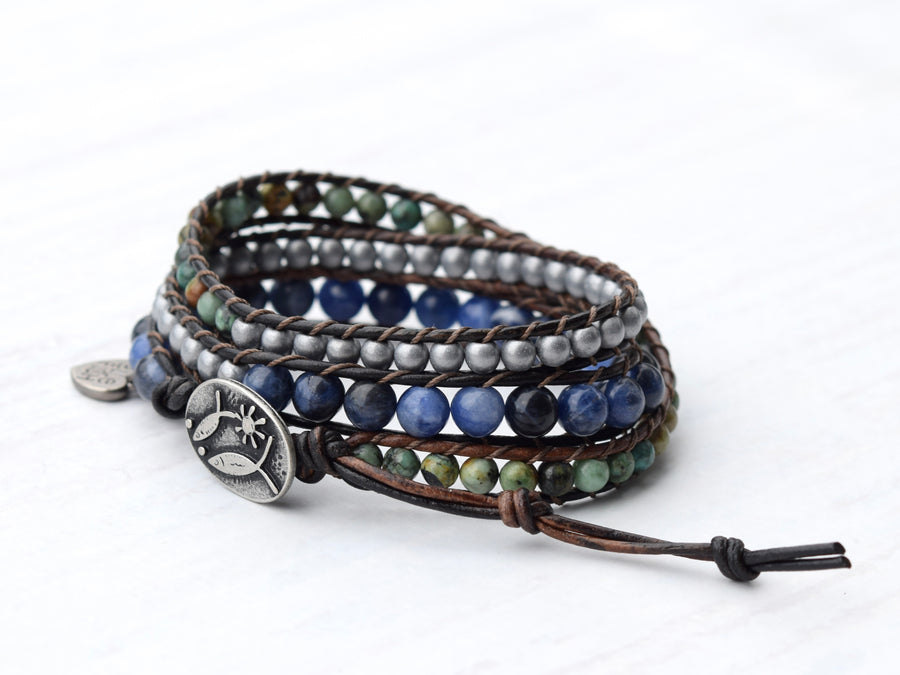 Boho African Turquoise & Sodalite Wrap Bracelet