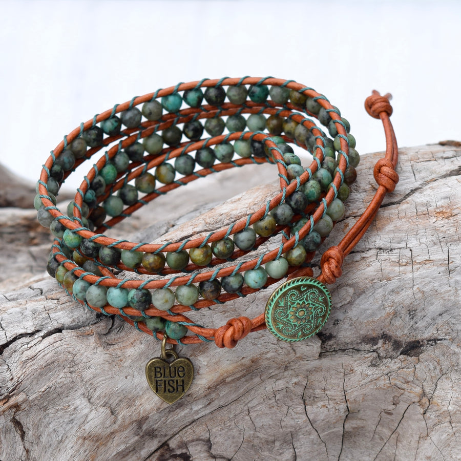 Beaded Leather African Turquoise Wrap Bracelet