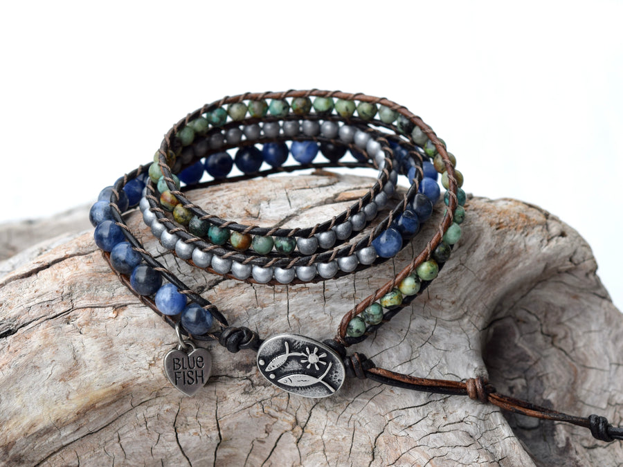 Boho African Turquoise & Sodalite Wrap Bracelet