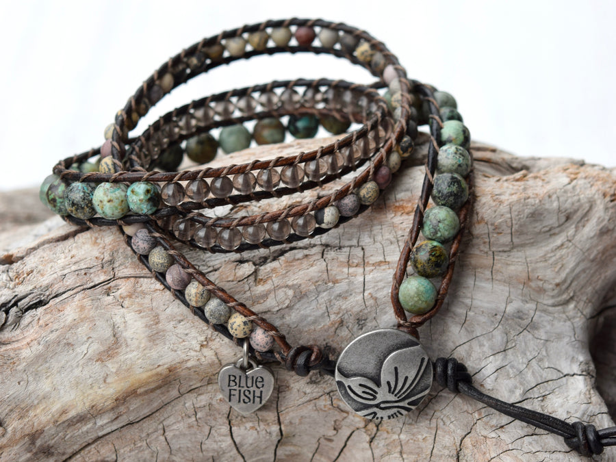 Earthy African Turquoise, Smoky Quartz, & Flower Jasper Wrap Bracelet