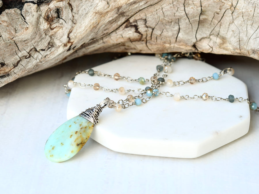 Chrysoprase Pendant Necklace With Beaded Crystal Chain