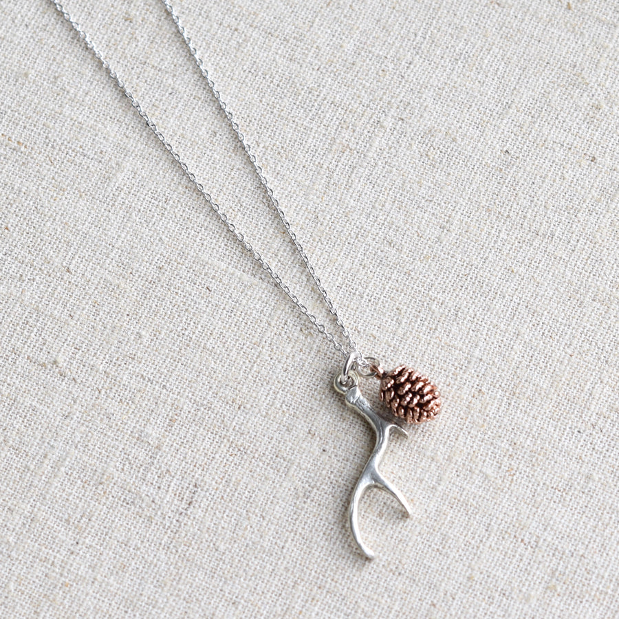Silver Antler & Pinecone Necklace ~ Antique Rose Gold Pinecone
