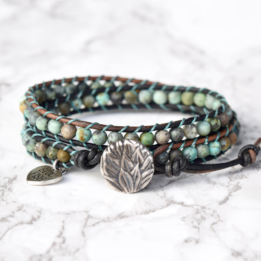 African Turquoise Wrap Bracelet ~ Silver Button