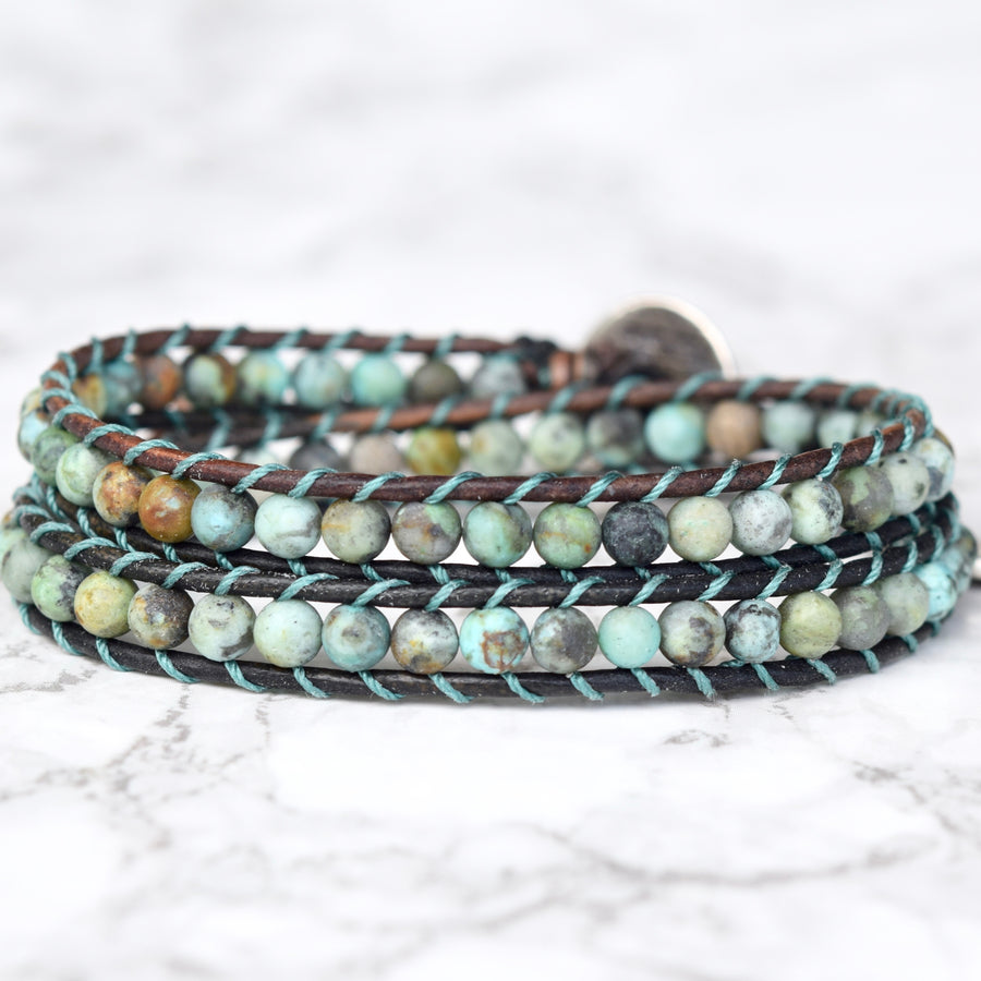 African Turquoise Wrap Bracelet ~ Silver Button