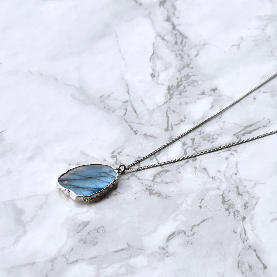 Flashy Free Form Labradorite Slice Necklace in Sterling Silver