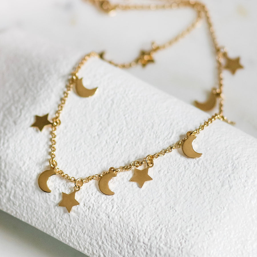 gold moon and stars choker necklace gold filled choker