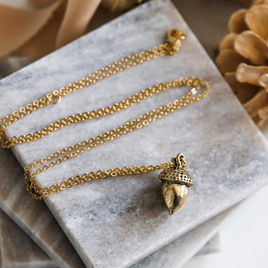 Long Gold Acorn Pendant Necklace