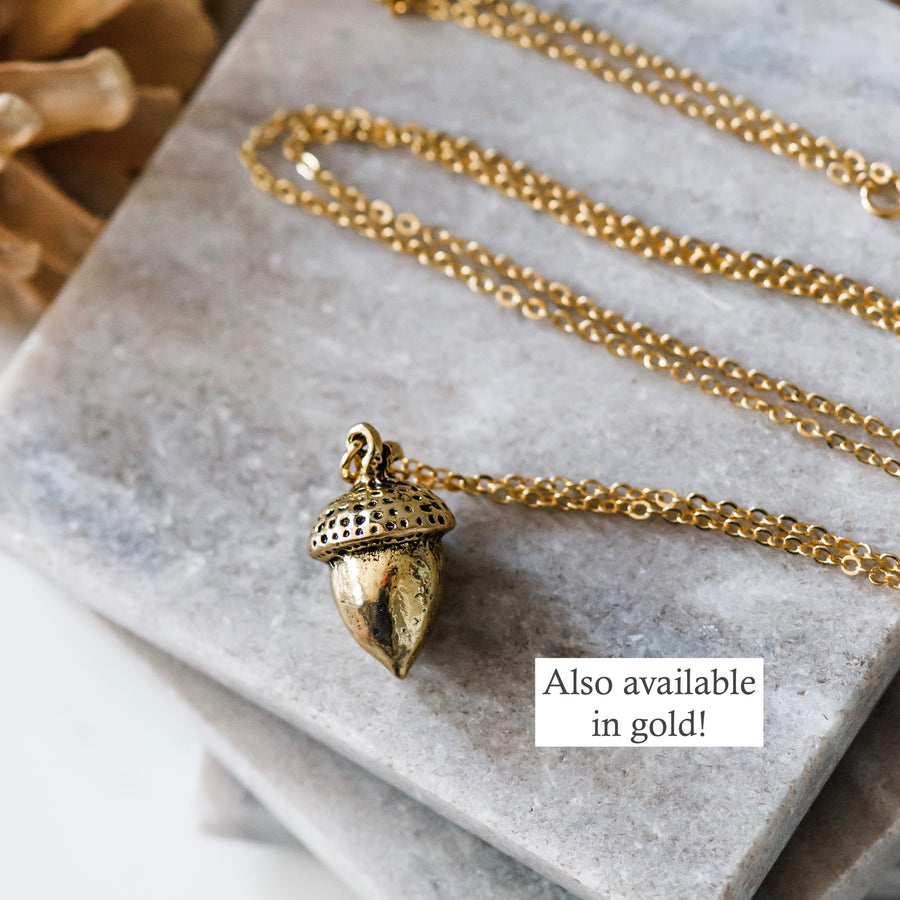 Long Silver Acorn Pendant Necklace