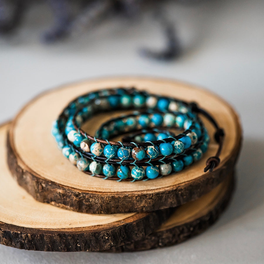beaded turquoise boho bohemian wrap bracelet leather wrap bluefish bohemian